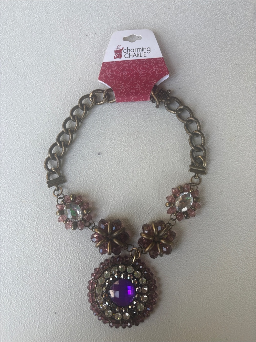 Charming Charlie Purple and Pink Crystal Statement Necklace